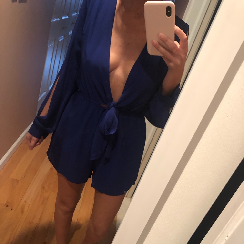Blue open front romper